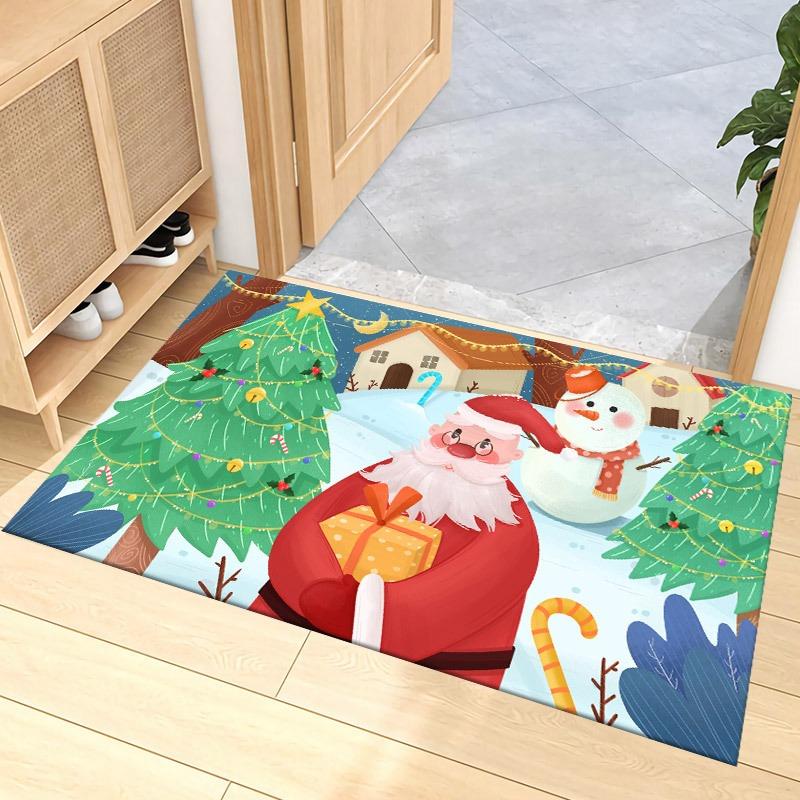 Christmas Santa Carpet Mat Rug Gift Bag Snowflake Home Decoration Festive Entryway Floor Mat with Merry Christmas Design