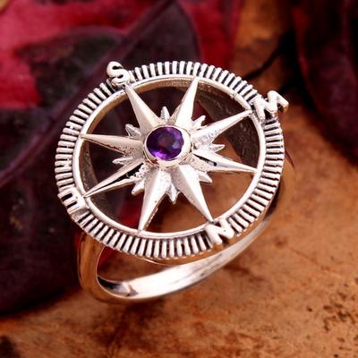 Kompass-Ring, Amethyst-Ring, handgefertigter Schmuck, 925 Sterling Silber, Silberring, Geschenke für sie