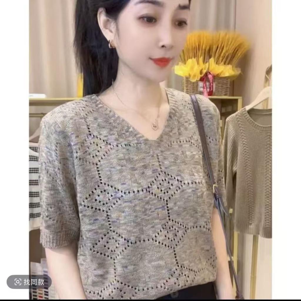 Women's Knitted T-shirt V-neck Loose Pullover Top Summer Knitted Versatile Short Sleeved Shirt