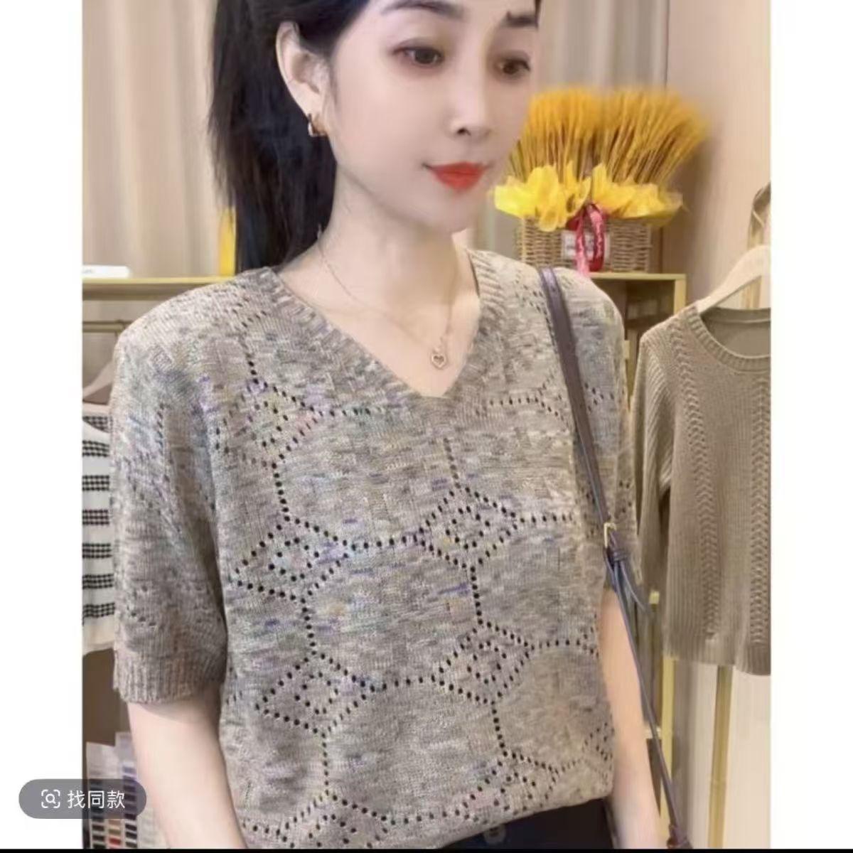 

Женская вязаная футболка с V-образным вырезом, свободный пуловер, летний вязаный универсальный топ с коротким рукавом S верблюд