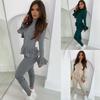 Stylish Women's Ladies Fine Ribbed Frill Peplum Button Loungewear Suit Tracksuit Set For Cozy Comfort