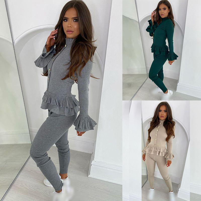 Stylish Women's Ladies Fine Ribbed Frill Peplum Button Loungewear Suit Tracksuit Set For Cozy Comfort