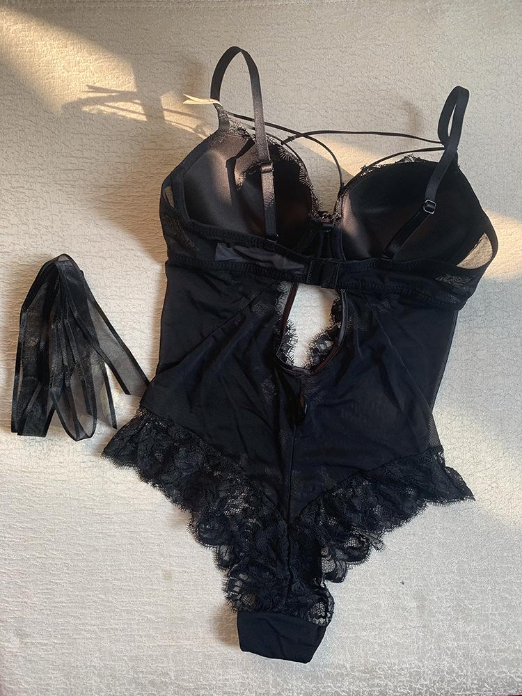 Women Sexy French Style Romper Tight-Fitting Bodysuit Transparent Bowknot One Piece Lace Lingerie