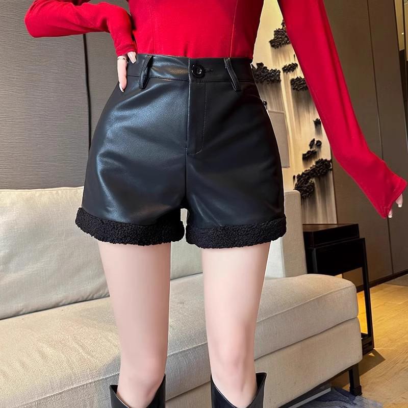 

Женские шорты с высокой талией из стриженой овчины с кожаными вставками - Модные повседневные шорты на осень-зиму 3XL чёрный