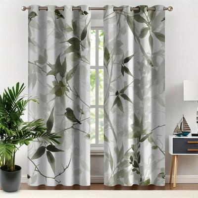 Cortinas estampadas con patrón de plantas verde claro de 2 piezas tejido de poliéster lavables a máquina adecuadas para decoración de sala de estar/dormitorio