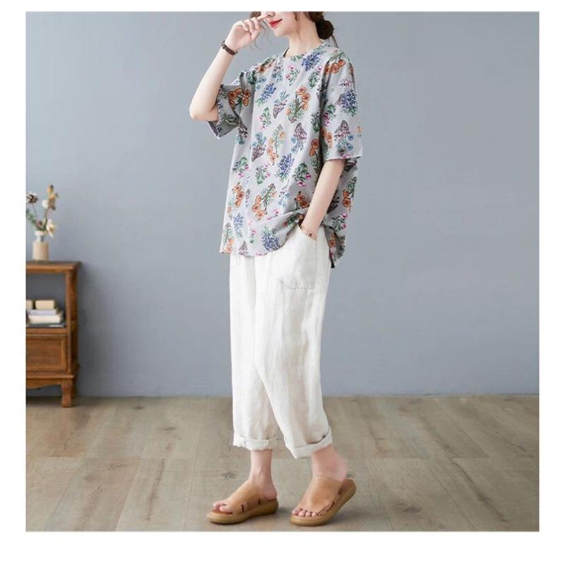 Damen Sommer Rundhals Kurzarm Blumenprint Lässig Locker Sitzendes T-Shirt Mehrfarbig