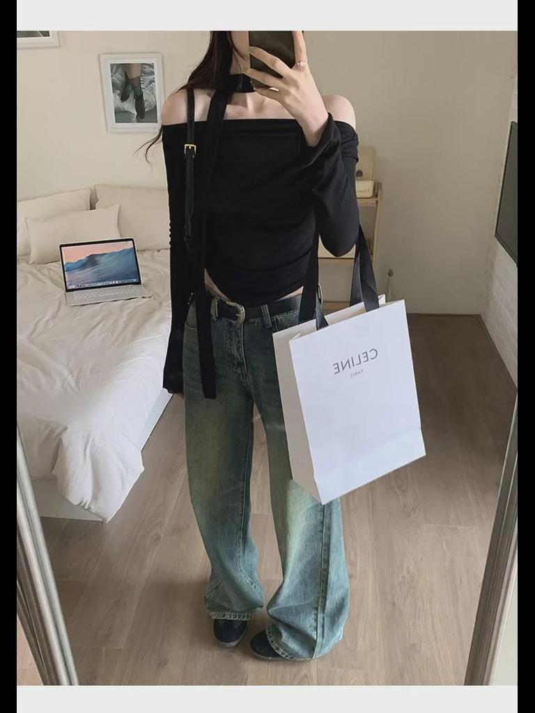Women's 2024 One-Shoulder Slim Long-Sleeve Top and Scarf Set - Spring/Autumn Edition
