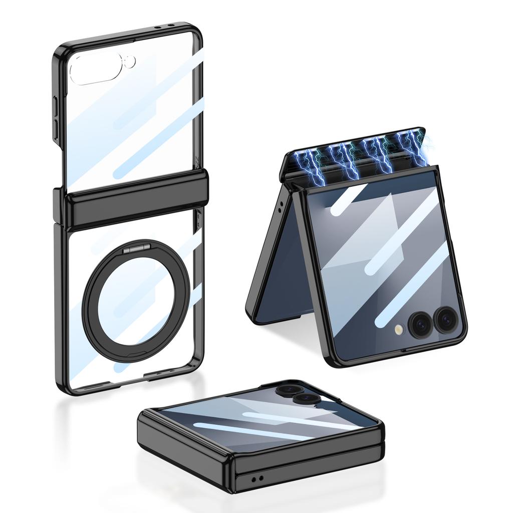 Magnetic Hinge Ring Holder Case for Samsung Galaxy Z Flip 7 Luxury Plating Edge Screen Glass Hard Cover for Galaxy Z Flip7 Case