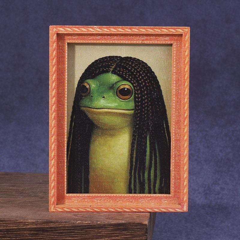 1Pc Mini Wooden Photo Frame Frog Fridge Magnet Funny Green Frog & Haircut Modern Kitchen Decor Refrigerator Ornament