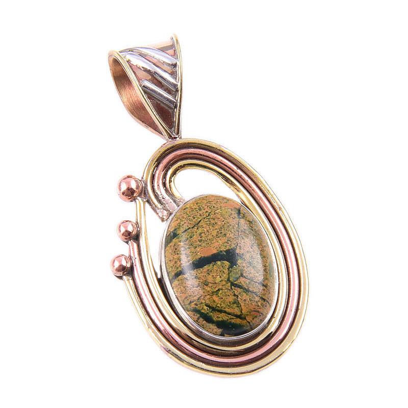 Natural Rhyolite Gemstone 925 Solid Sterling Silver Two Tone Pendant 1.50" J6r76