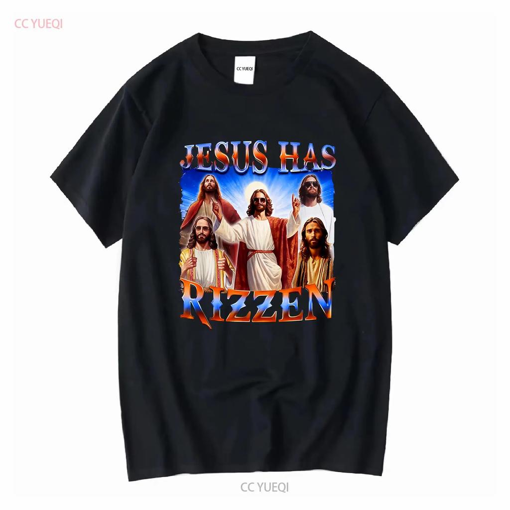 Jesus Has Rizzen He Is 2024 T Shirt Mens clothing long or short sleeves vintage Washed streetwear Slightly designer clothes
