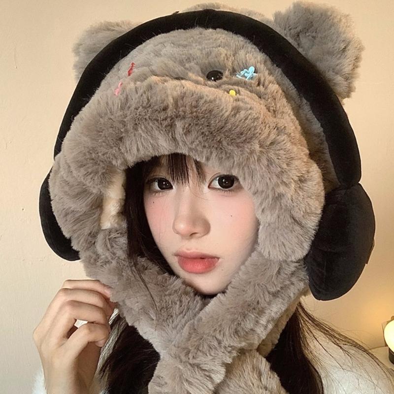 Lovely Panda Hat Warm Earflap Beanies Female Teens Winter Activity Ski Hat with Headphones Ear Protective Trapper Hat