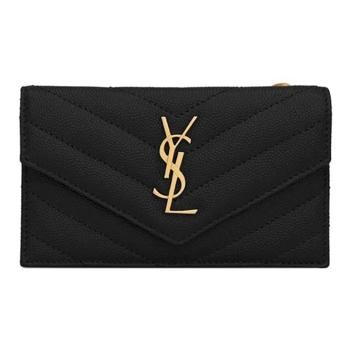 SAINT LAURENT YSL Gold Logo Grain Embossed Quilted Zipper Cowhide Leather Coin Purse Card Holder Women's Black