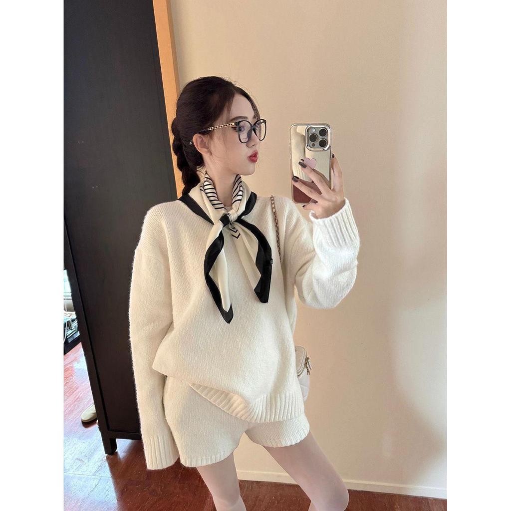 Chic Casual Two-Piece Set: Solid Color Sweater Knitwear & High Waist Wide Leg Shorts for Winter