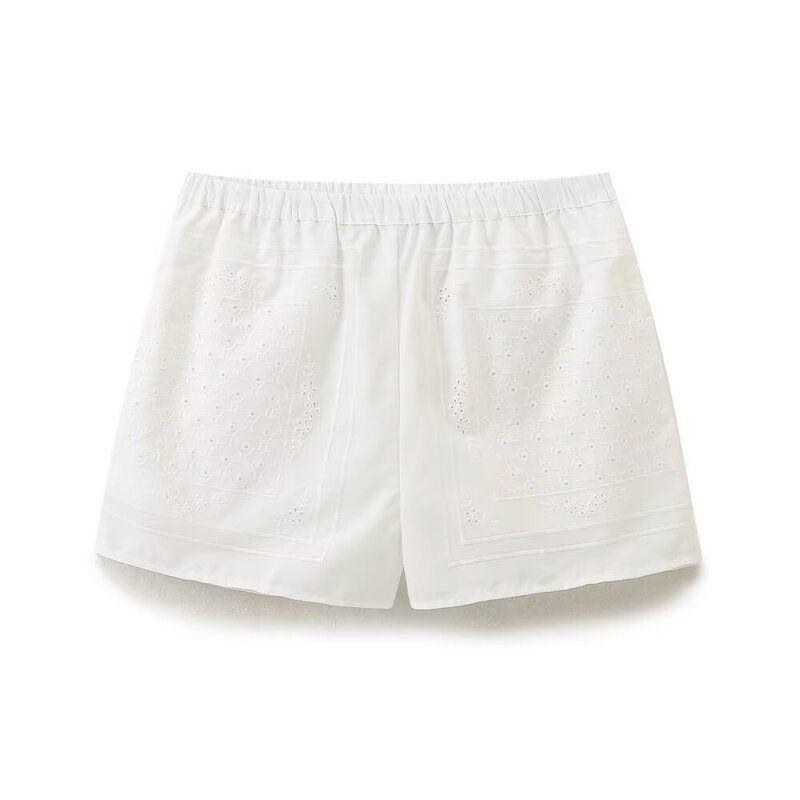 Fashion Style 2024 New Fall Women's Clothing Slim Looking Easiest for Match Embroider Poplin Shirt Mid Waist Shorts 0081069