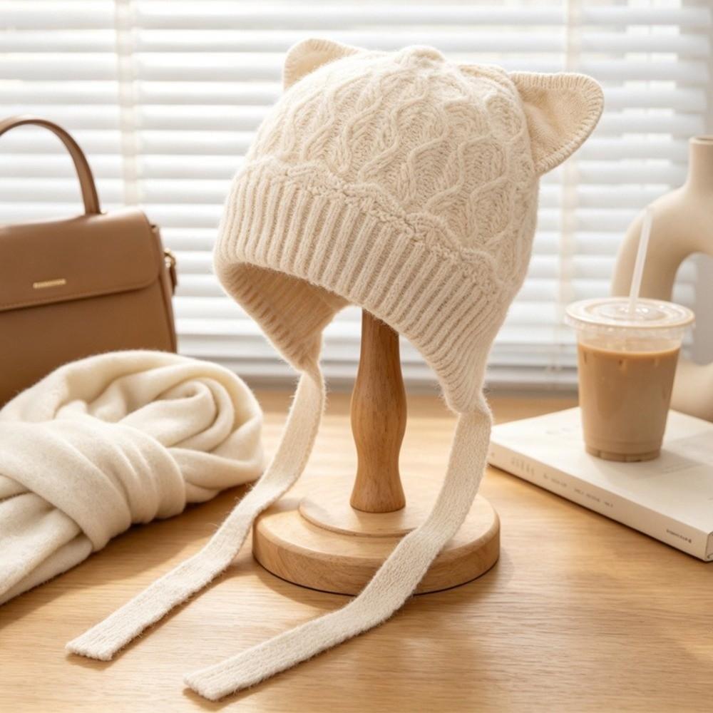 3D Cat Ear Cat Ear Knit Hat Warm Knitted Head Cover Durable Soft Beanie Winter Commuting