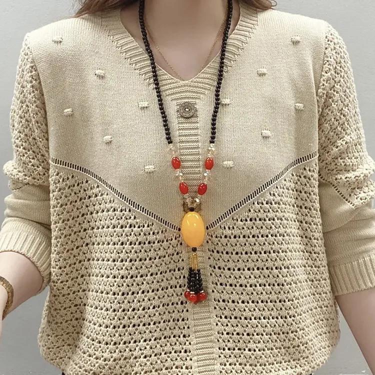 Women's Spring and Autumn Loose Covered Meat Hollowed Out Knit Sweater Mother's Casual Outside Sweater
