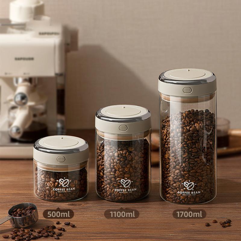500/1100/1700 Coffee Beans Vacuum Sealed Tank Glass Food Storage Jars with Co2 Valve Household Moisture-Proof Airtight Container