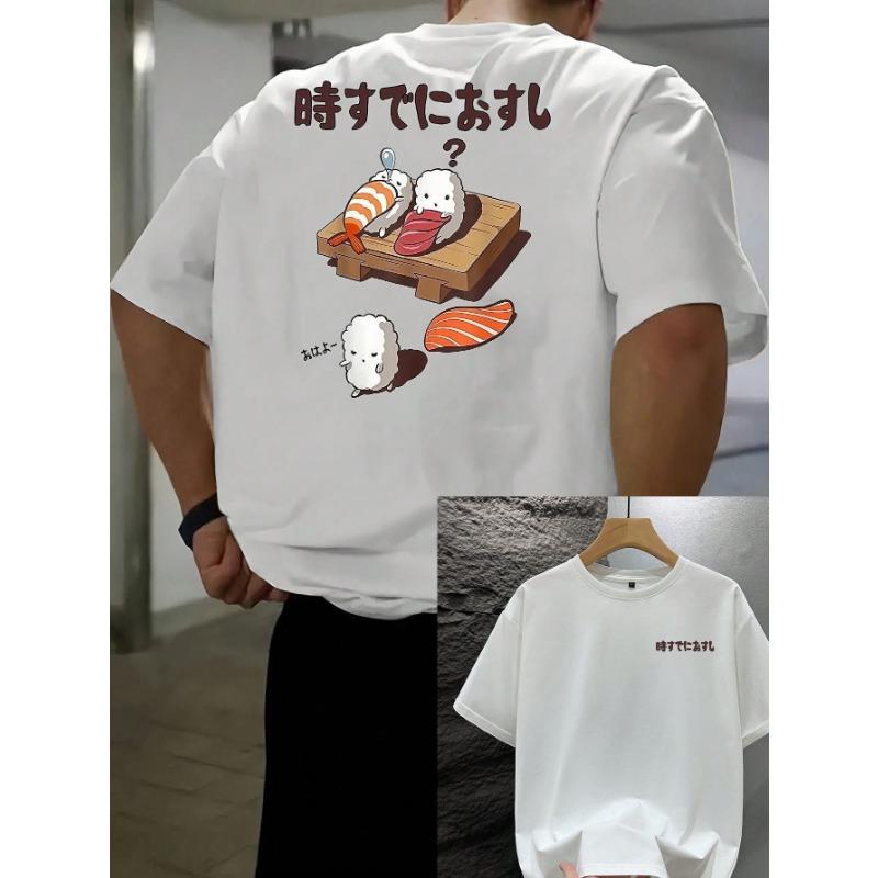 Men's summer 100% pure cotton fashionable casual loose Japanese cartoon sushi Print round neck short sleeved T-shirt versatile
