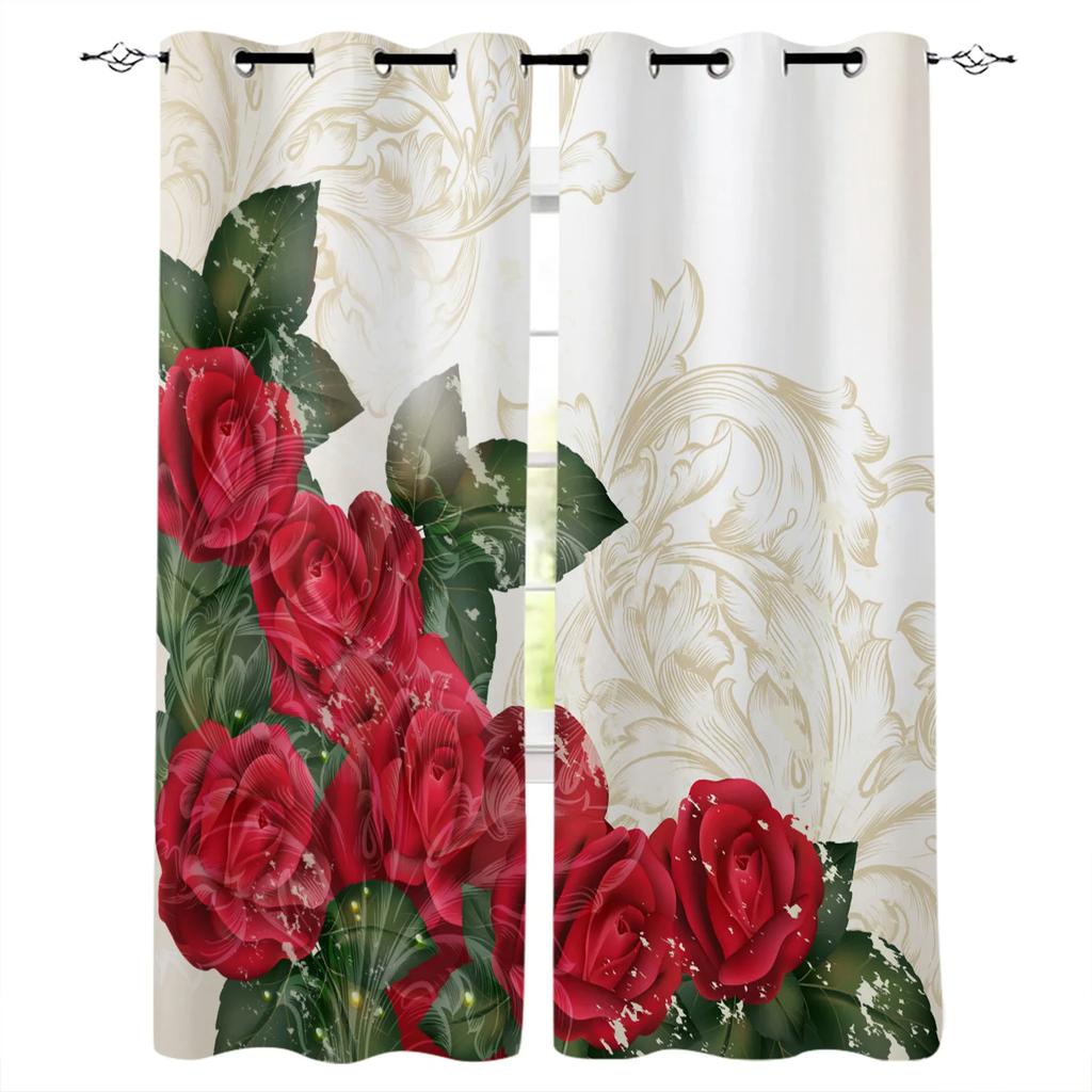 Red Rose Black Vine Spiral Leaves Print Window Curtains Luxury European Curtains for Living Room Balcony Hotel Cafe Drapes