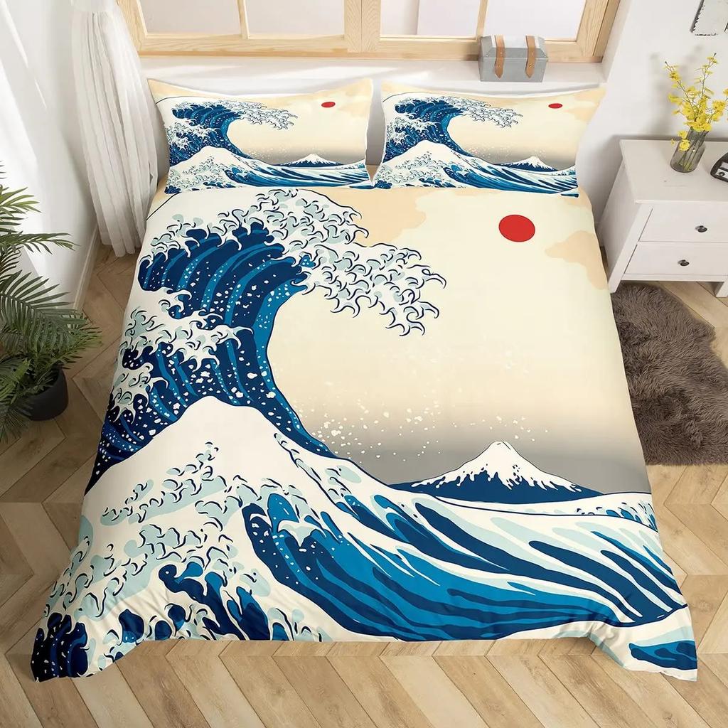 Japanese Ukiyo-E King Queen Duvet Cover Golden Fish Hokusai Bedding Set Crane Wave Quilt Cover Red Sun Polyester Comforter Cover