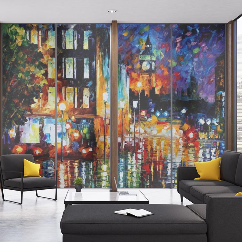 European Style Retro Privacy Windows Film Landscape Oil Painting Colorful Stained Glass Stickers Static Cling Glass Film