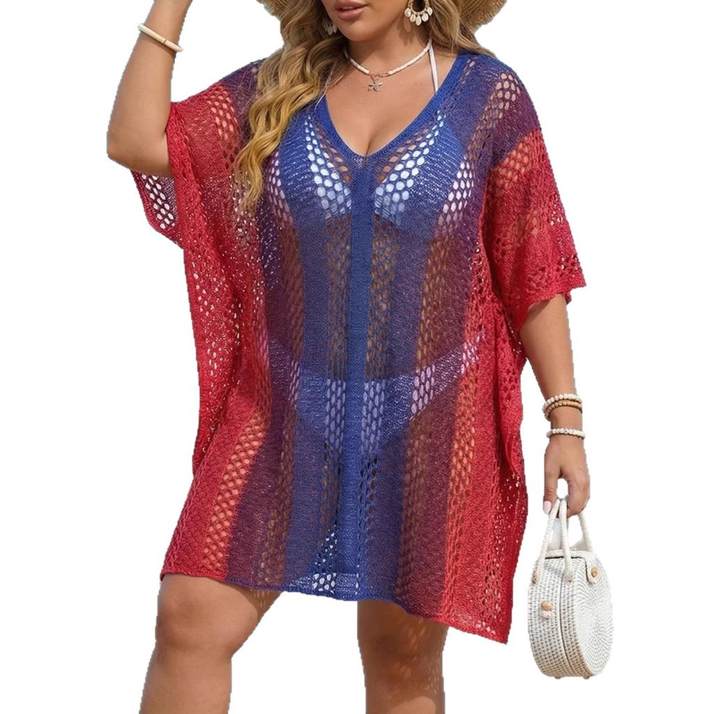 Top plażowy na duży rozmiar damski w kolorze gradientowym z ażurowej tkaniny, luźna i casualowa sukienka w stylu bikini.