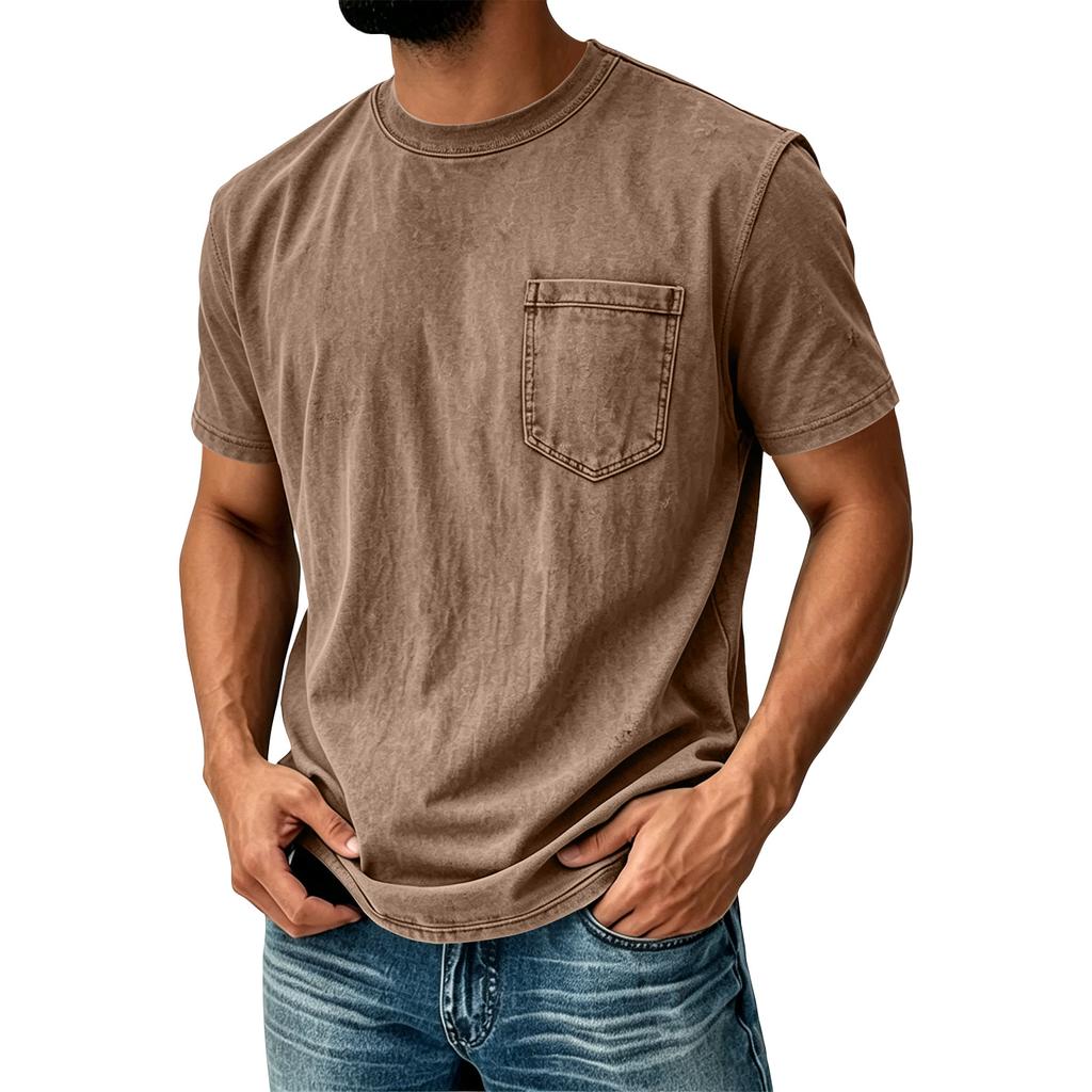 Men Vintage Washed Short Sleeve T Shirt Crew Neck with Chest Pocket Casual Loose Fit Soft Fabric Classic Style