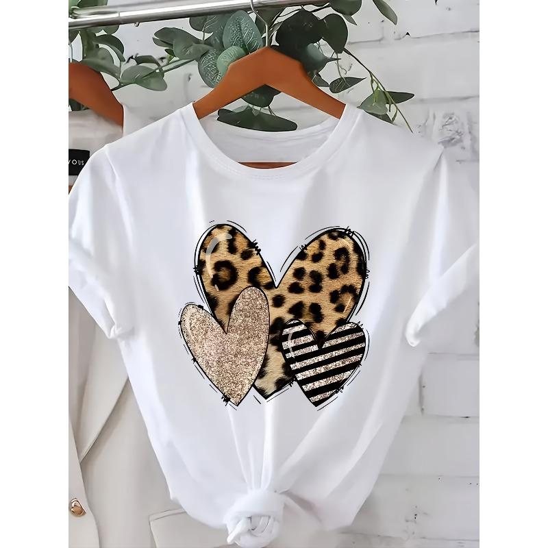 

Women s Leopard Print Glitter Heart Tee Round Neck Short Sleeve Relaxed Fit All-Season Machine Washable Casual Playful Top 4XL білий