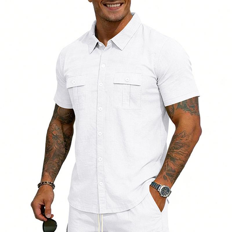 Cotton Linen Shirt Men Pocket Casual Beach Short Sleeve Solid Color Male Tops T-shirts Vintage Streetwear Comfort Casual Shirts