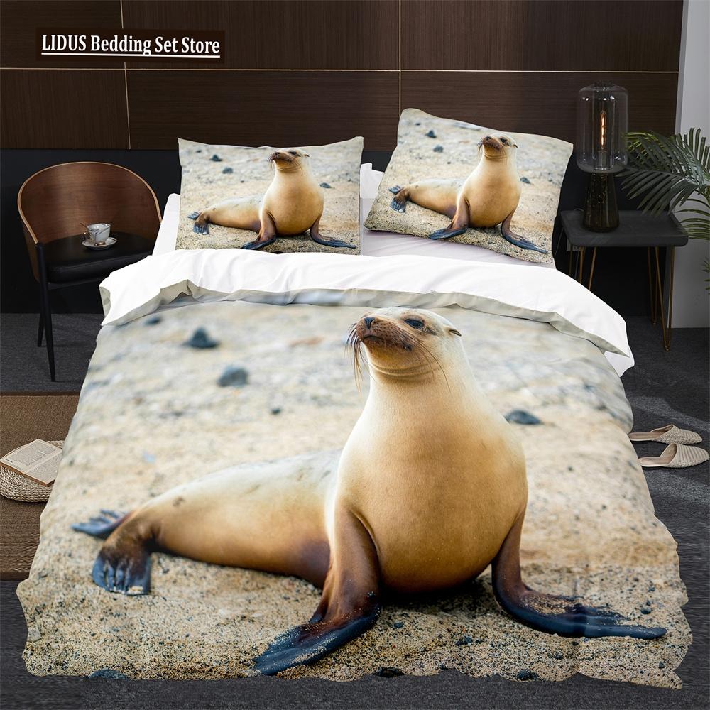 Sea Lion Duvet Cover King Queen Size Lovely Ocean Animals Bedding Set For Kids Boys Girls Blue Sea Beach Polyester Quilt Cover