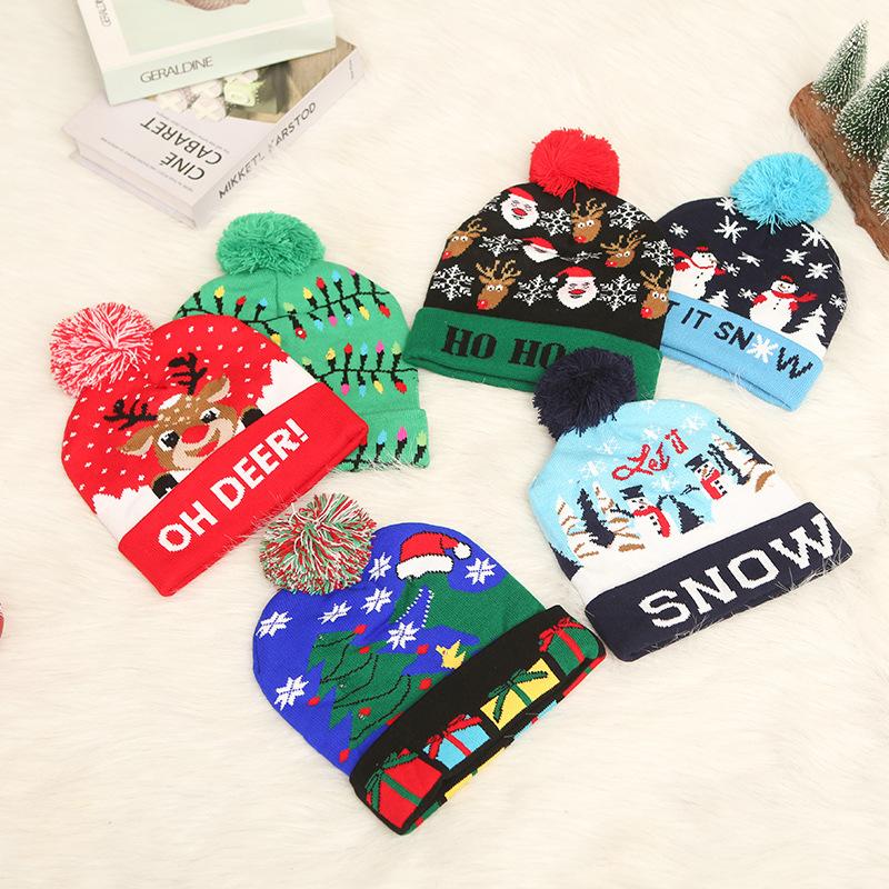 Cross-border Christmas decoration supplies cuffed knitted hat with ball LED light Santa Claus luminous hat for adults and children
