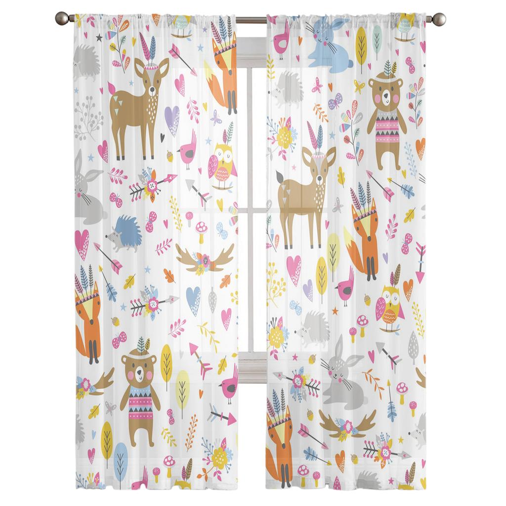 Autumn Forest Cartoon Animals Bear Fox Owl Sheer Curtains for Windows Tulle Curtains for Living Room Bedroom Children Room Decor
