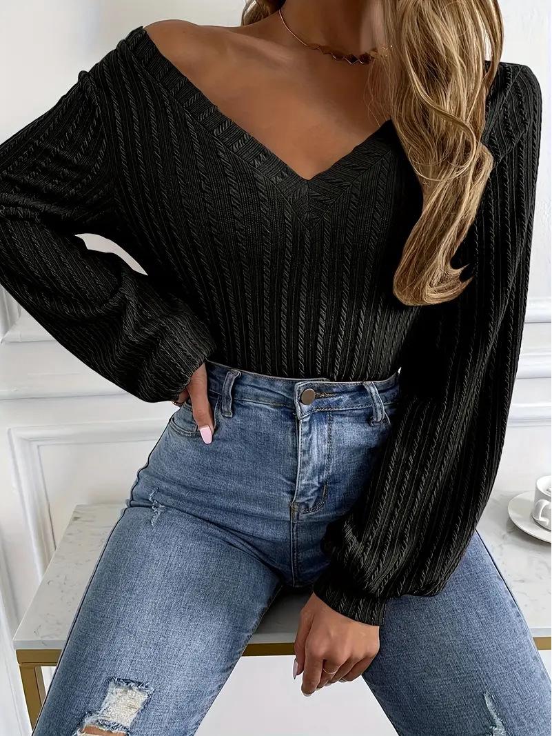 

Plus Size V-Neck Puff Sleeve Knit Top 4XL чорний