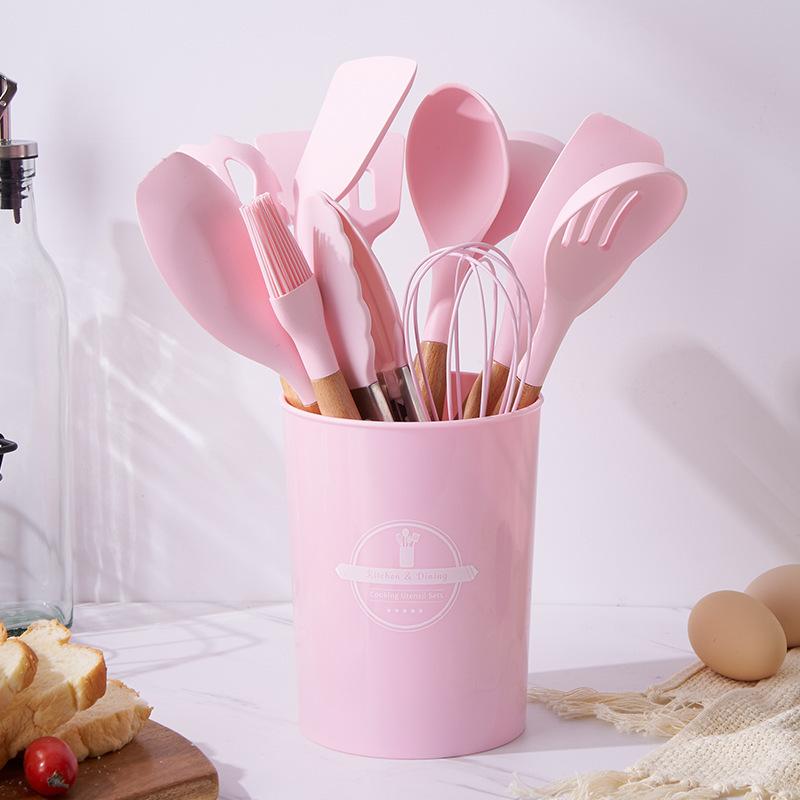 Food Grade Silicone Kitchenware 12 Piece Set High Temperature Resistant Wooden Handle Set With Storage Tube Kitchen Tools