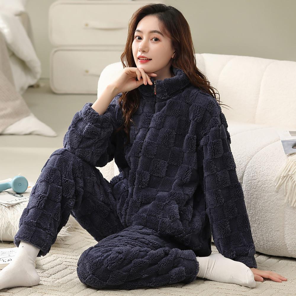 Plus Size Women's Pajamas Set Jacquard Winter Extra Thick Double Sided Flannel Warm Pajamas Smooth Zipper Pajamas Women's Pajamas