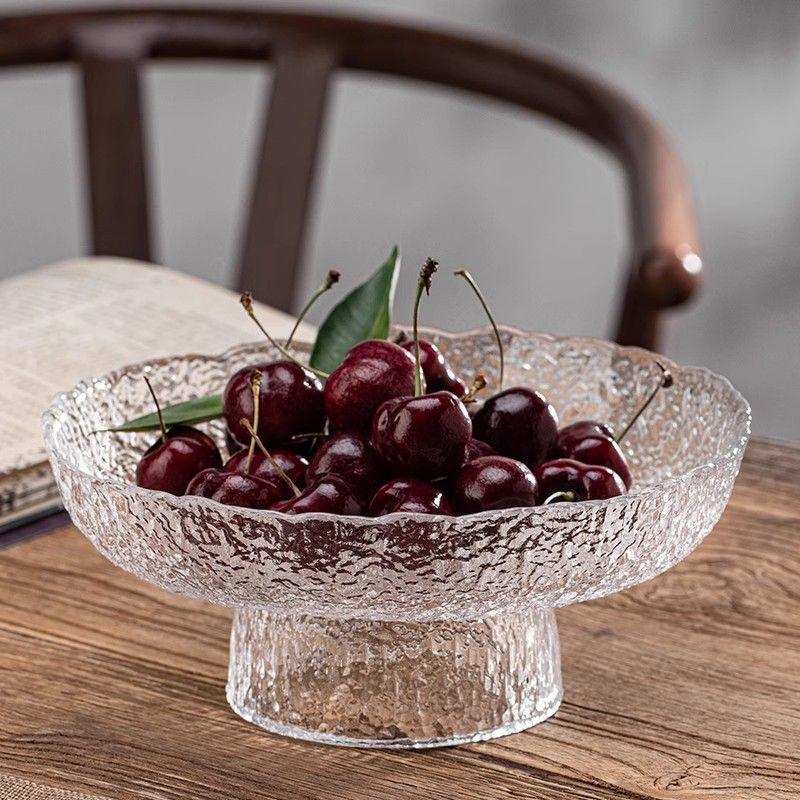 Glass Fruit Plate - Elegant High-Footed Dessert and Snack Holder for Living Room Coffee Table.
