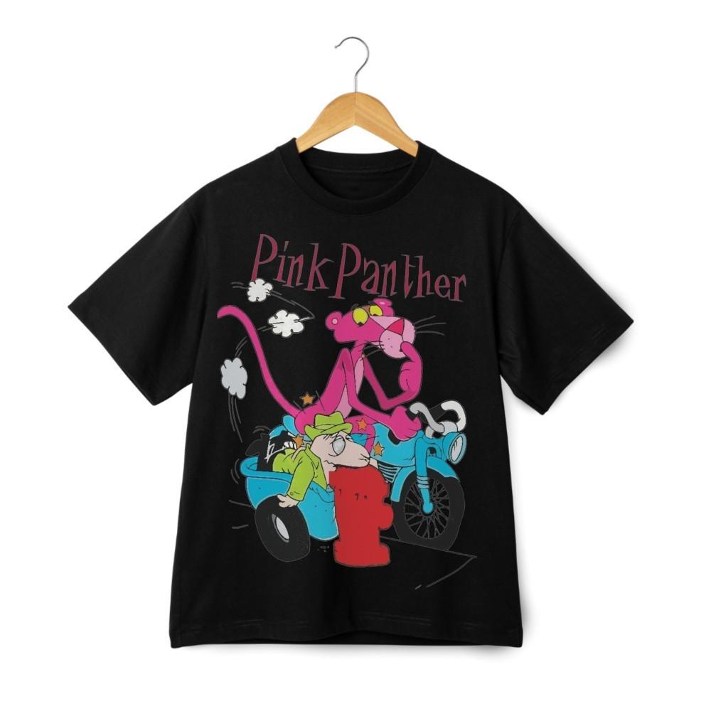 Pink Panther Motorcycle Chase Graphic T-Shirt - Fun Cartoon Streetwear Retro Tee