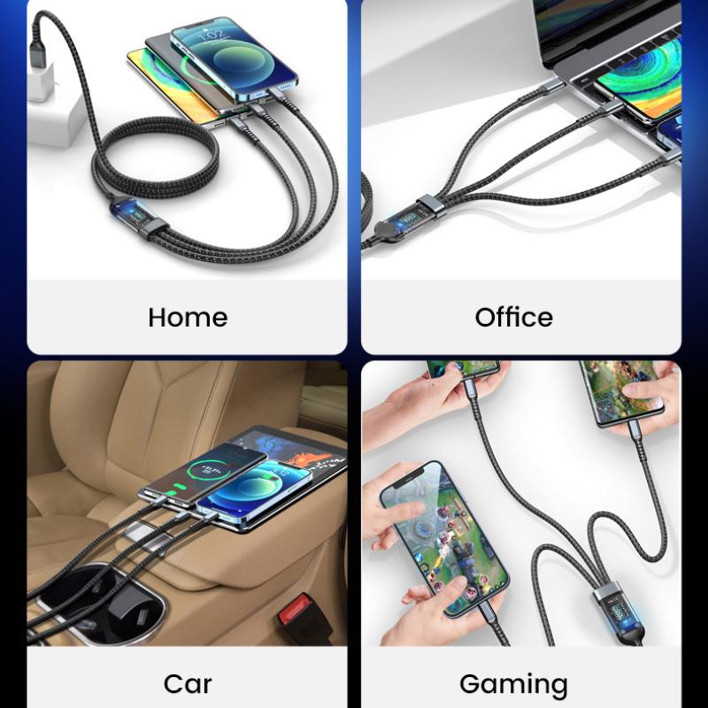100W Fast Charging Cable with USB Type C, Micro USB, and Lightning Compatibility - 1.2M/2M Length, Transparent Chip, Night Light Feature