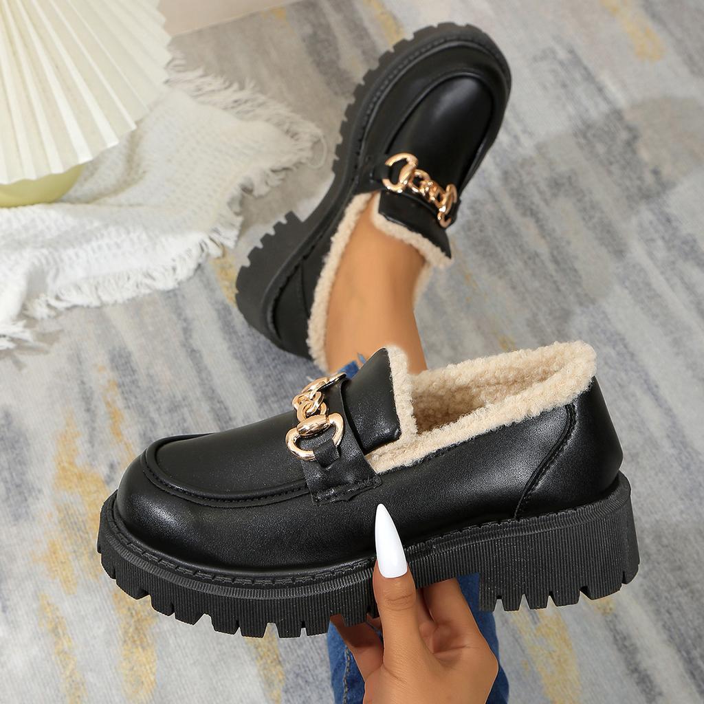 Mode Großer Britischer Stil Kleine Lederschuhe 2024 Winter Neu Mode mit Plüsch Loafer Baumwollschuhe für Damen