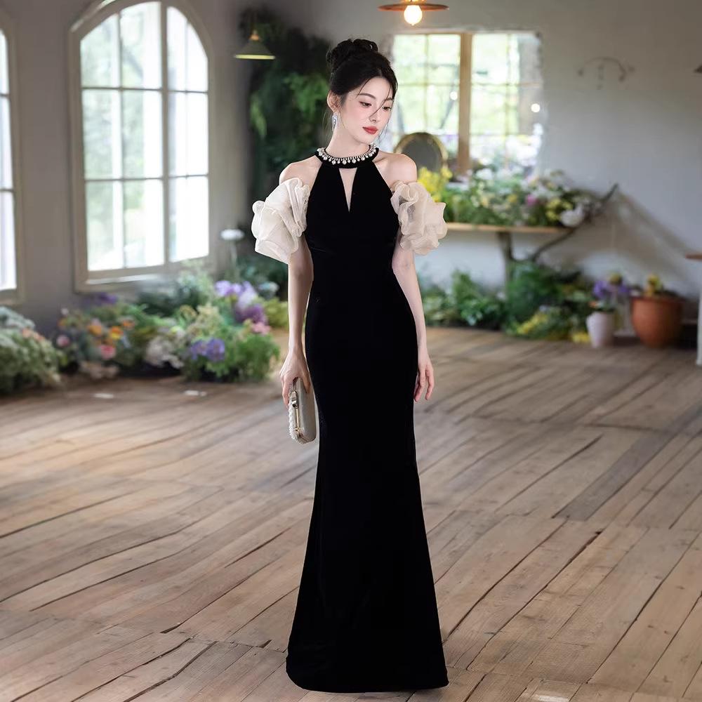 Black Banquet Evening Dress Dress New Light Luxury Niche Waist Fishtail Temperament Long Host Dress