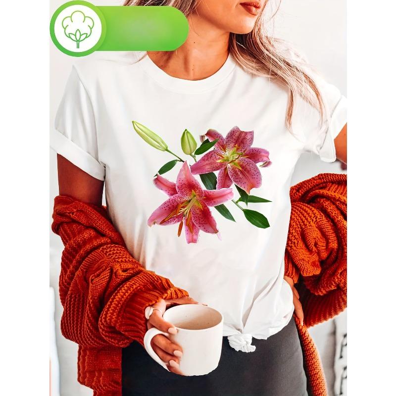 

Women Black Floral Starlight Lily Print T-Shirt Round Neck Short Sleeve Casual Four Seasons Christmas Gift New Arrival Top 4XL білий
