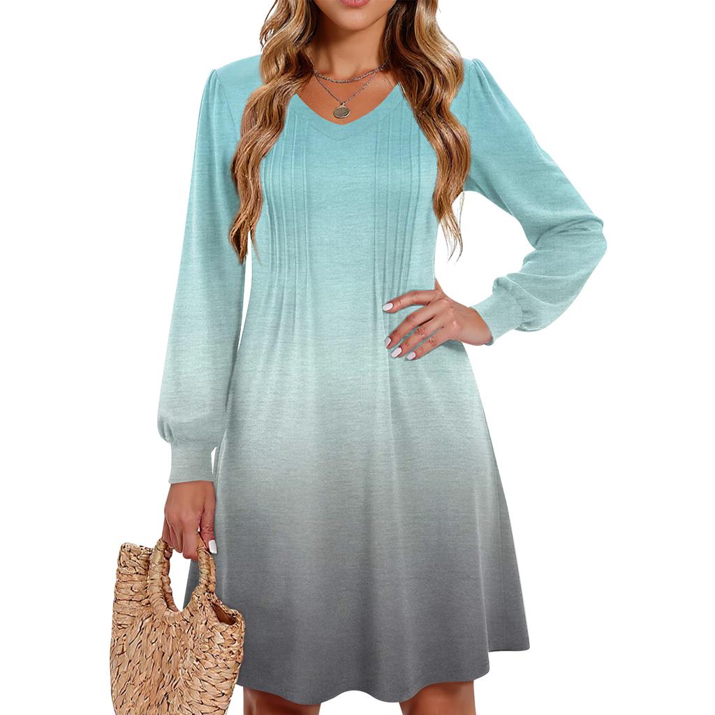 Ladies' Printed Casual And Fashionable V-neck Long Sleeved Mid Length Dress