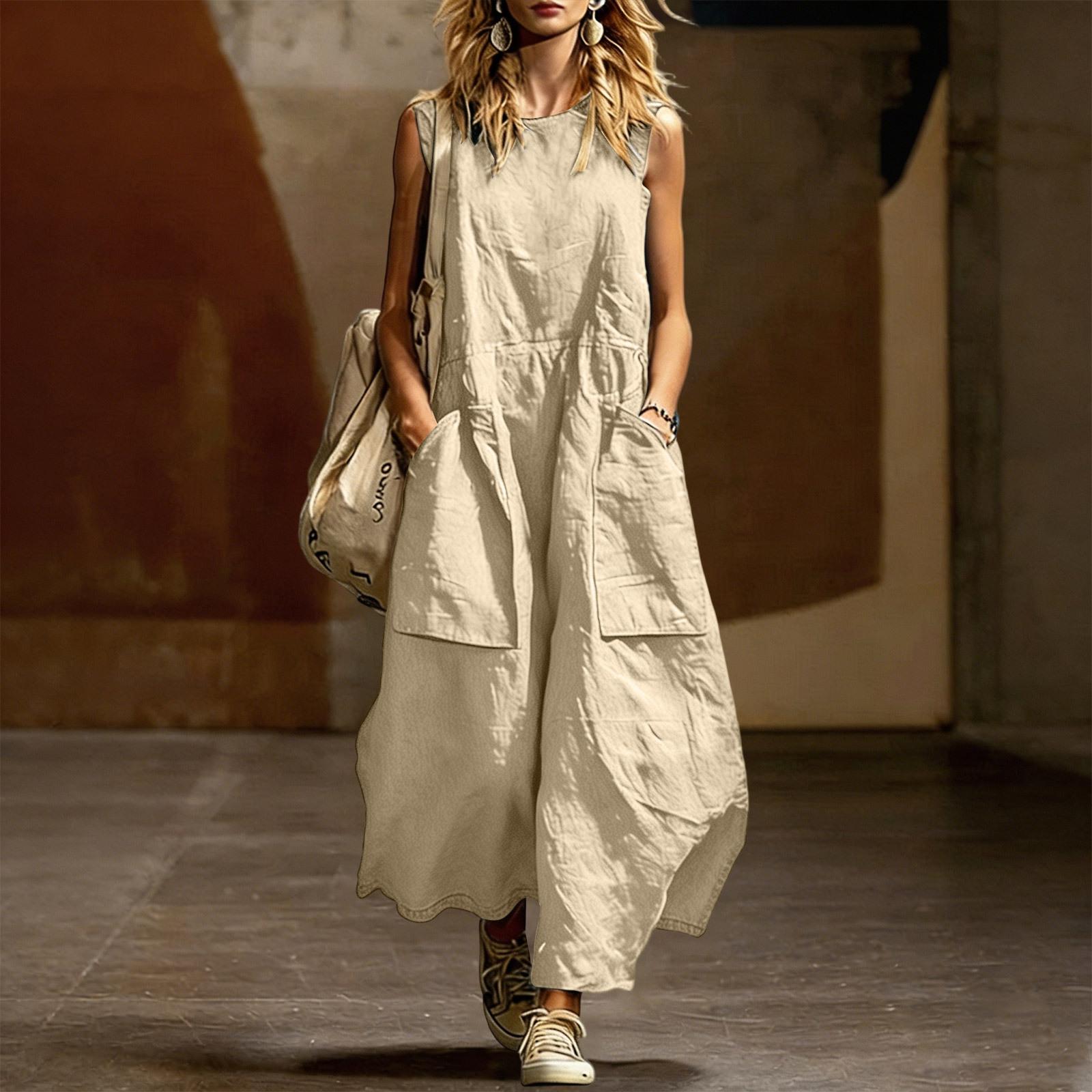 Ärmelloses lockeres Baumwoll-Leinen-Kleid für Damen mit Rundhalsausschnitt und großen Taschen, lässiger entspannter Stil für Sommer oder Frühling M khaki