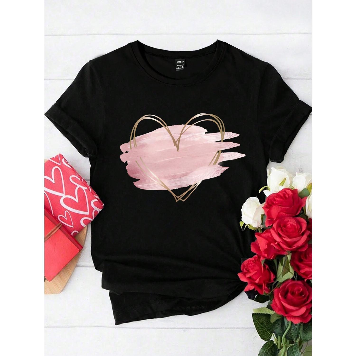 Women s Pink Heart-Shaped Pattern Round Neck Short Sleeve T-Shirt Graphic Tees Women Tops S чёрный