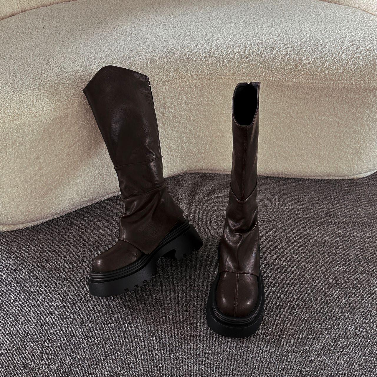 

Ботинки с V-образным вырезом детские осенне-зимние маленькие толстые подошвы, но сапоги до колена ретро брюки сложенные высокие рыцарские сапоги 40