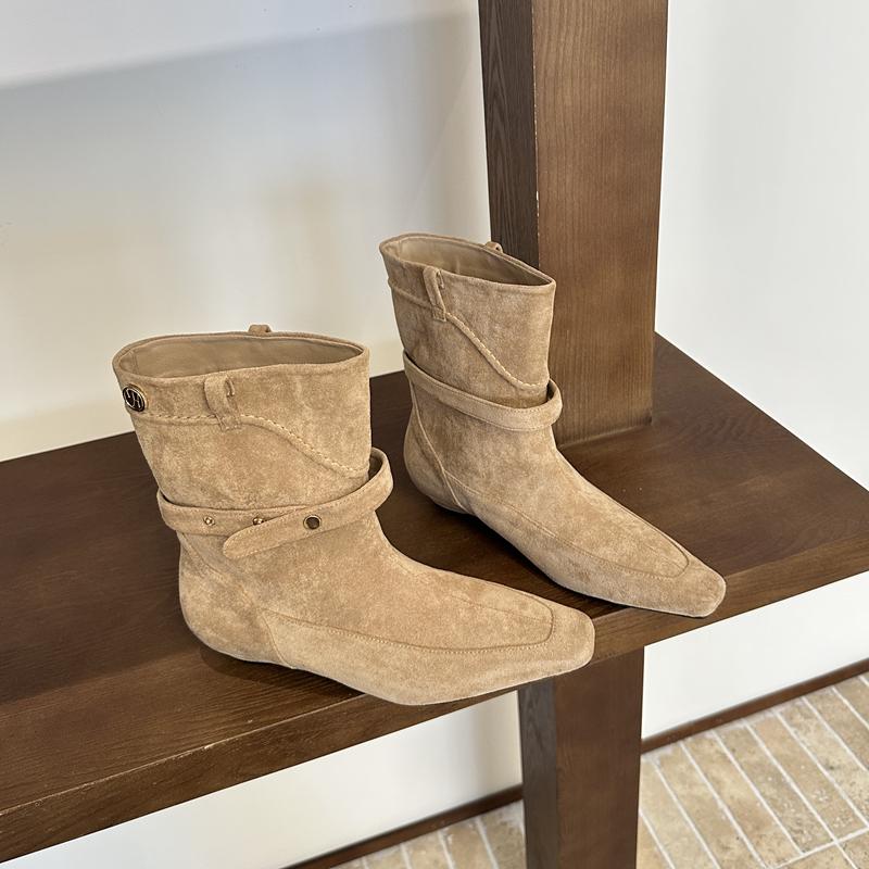 Fashion SUOJIALUN 2025 New Brand Women Short Boots Shoes Fashion Low Wedge Heel Slip On Mid-Calf Boots Shoes Round Toe Dress Pumps Shoes