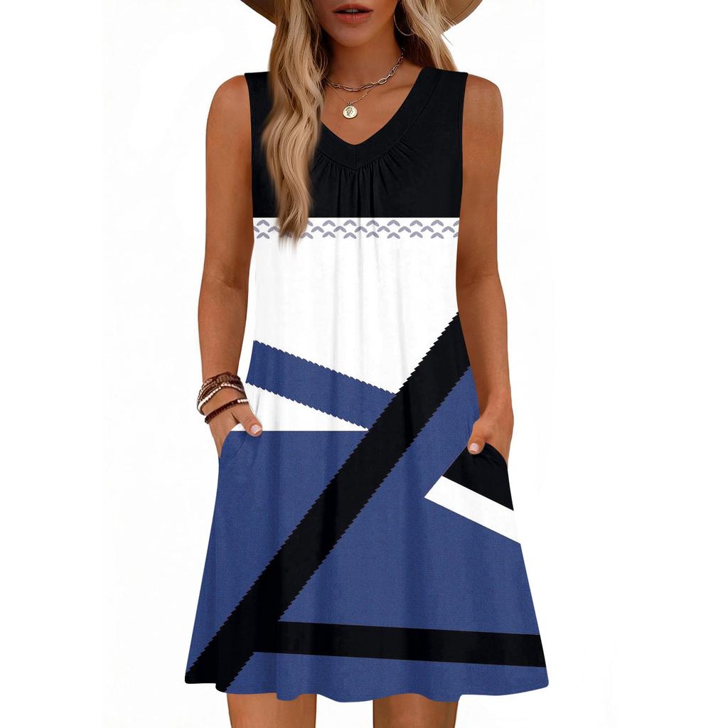 Women's Fashion Printed Summer Sleeveless V-neck Tank Top Pocket Casual Loose Dress