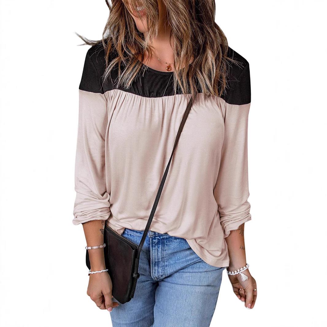 

SHIYING Women s Color Block Patchwork Pullover with Rubber Cuffed Sleeves, Round Neck, and Long Sleeves. M абрикосовый