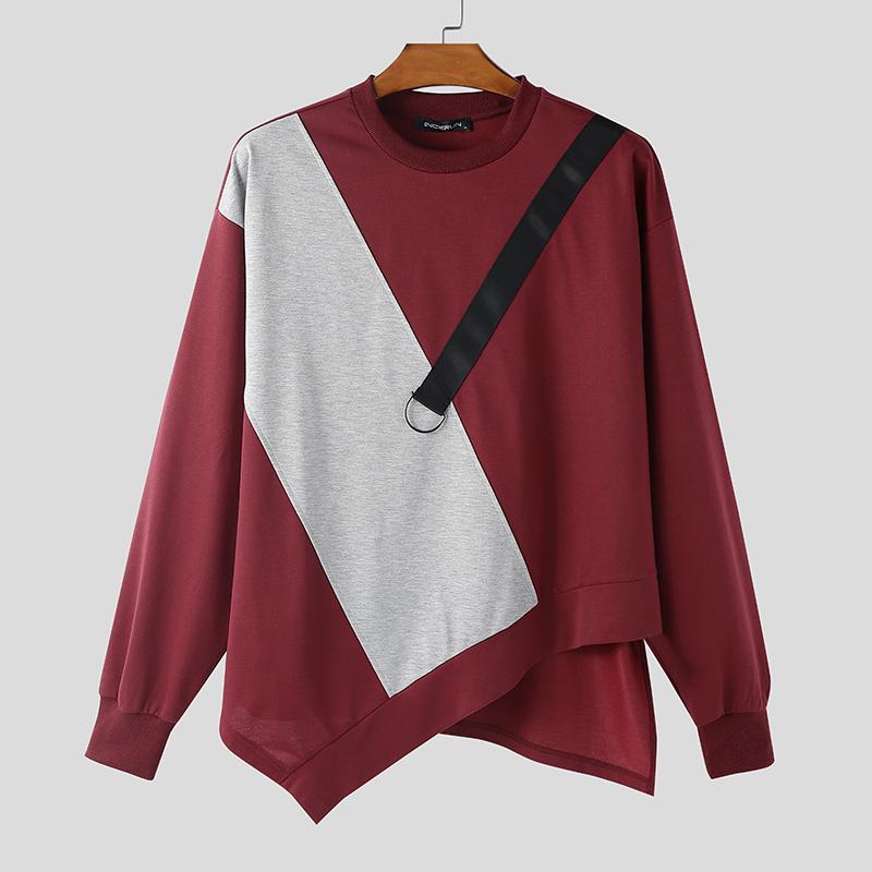 INCERUN T-shirt e Top Casual Larghi da Uomo a Manica Lunga con Patchwork Irregolare e Girocollo